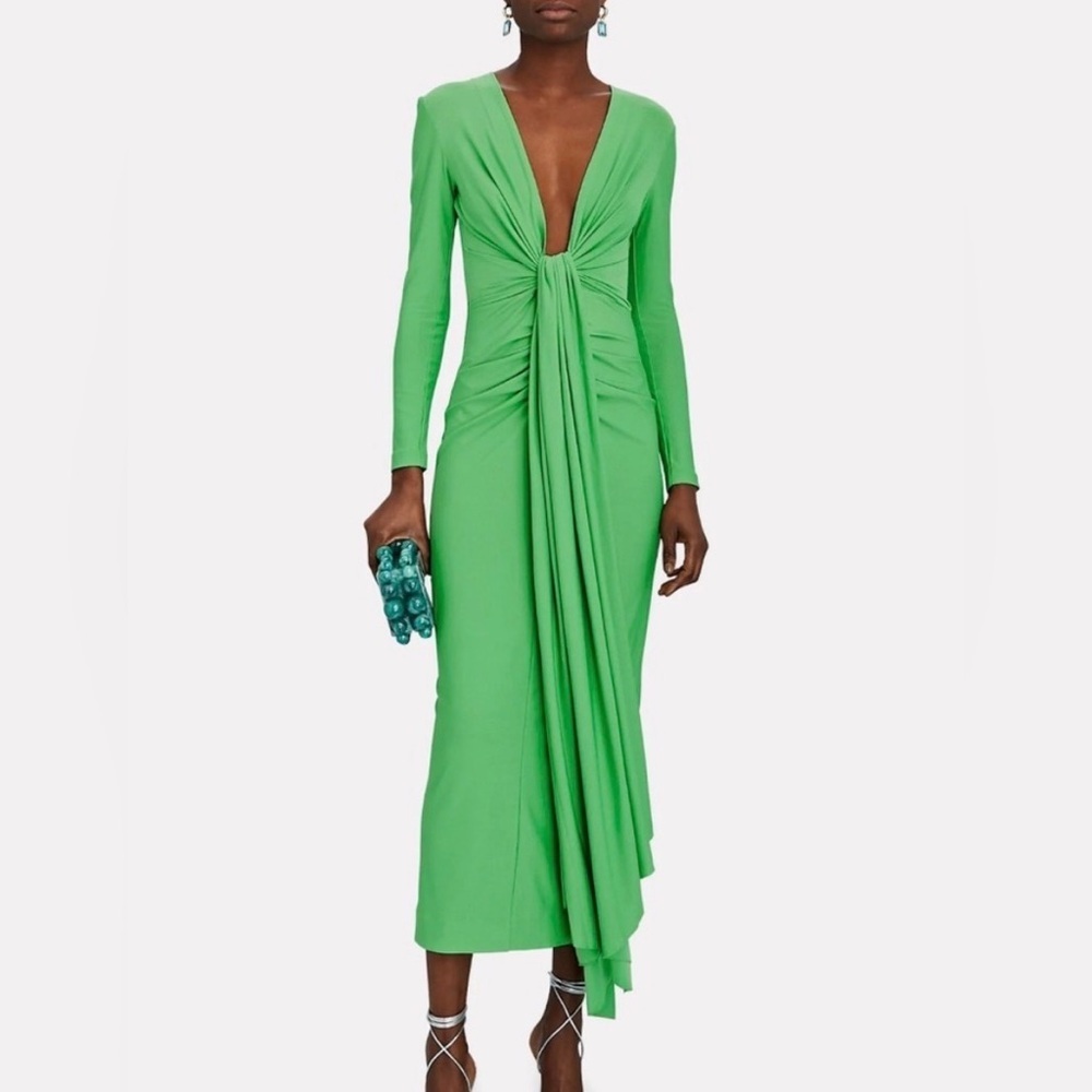 Solace London Lorena Dress Green Plunge Neck Midi Long Sleeve Draped Bodycon XS - Picture 2 of 14